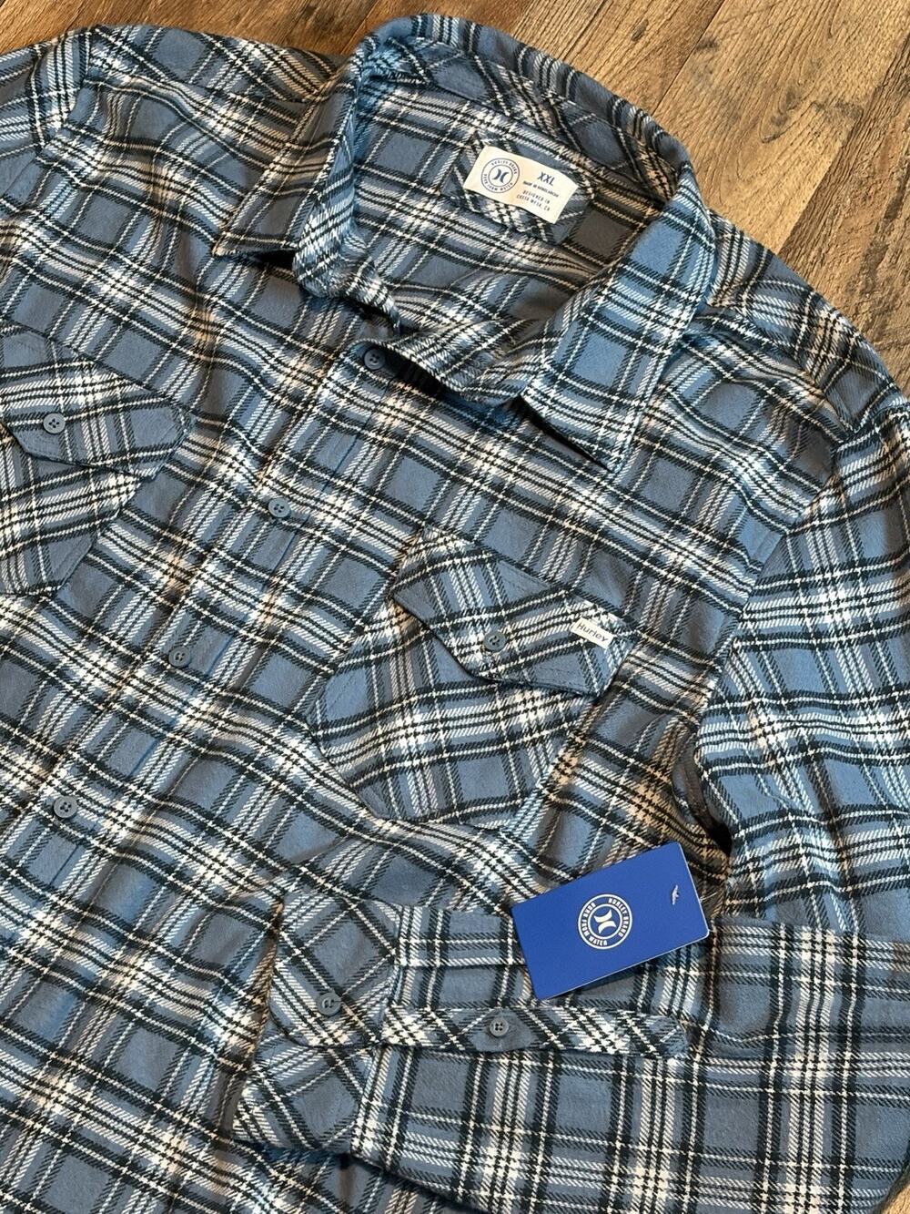 Hurley Shirt Mens 2XL Blue Plaid Flannel Long Sleeve Button Down Pockets NEW!